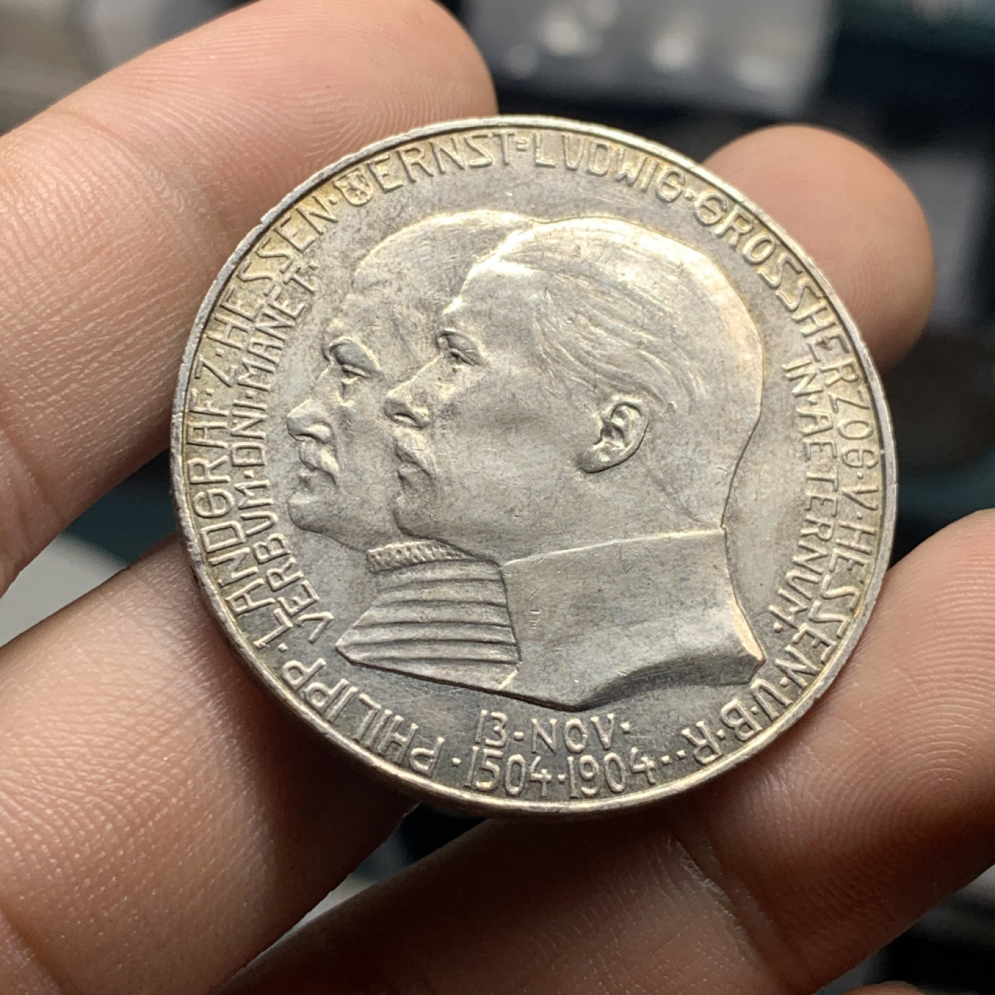 《竞宝斋》钱币微拍-第9场（不限金额顺丰包邮） 德国黑森 1904年 达姆施塔特 5马克 大银币 直径:   38.2mm，重约:  27.7   g。一流的状态