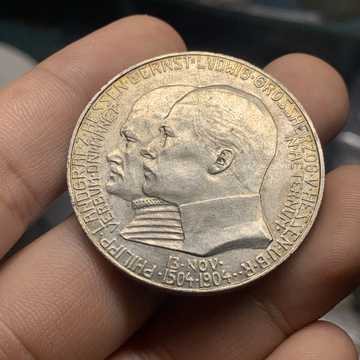 《竞宝斋》钱币微拍-第9场（不限金额顺丰包邮） 德国黑森 1904年 达姆施塔特 5马克 大银币 直径:   38.2mm，重约:  27.7   g。一流的状态