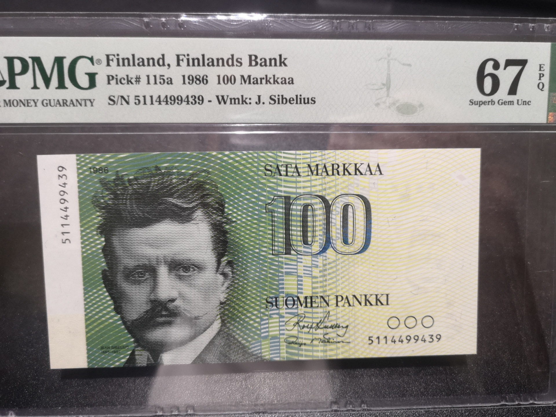《外钞收藏家》第一百三十七期拍卖（本期68件） 1986年芬兰100马克 PMG67 高分 初版