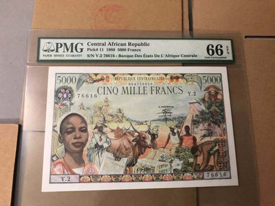【Blue Auction】世界纸币精拍第132期——大烟斗（共70拍） -  中非 1980年5000法郎 PMG66EPQ 大烟斗 精美