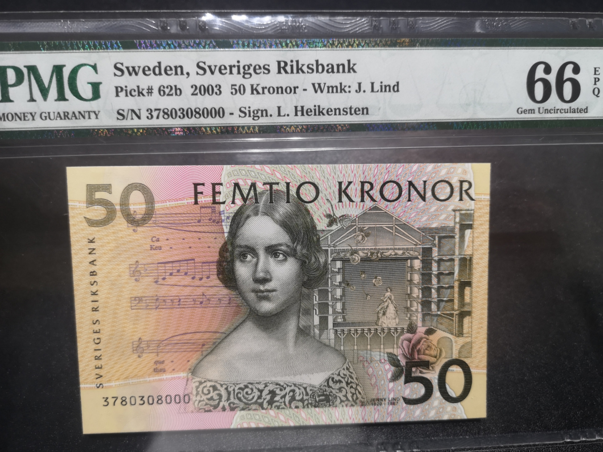 《外钞收藏家》第一百三十七期拍卖（本期68件） 2003年瑞典50克朗 PMG66 000豹子号