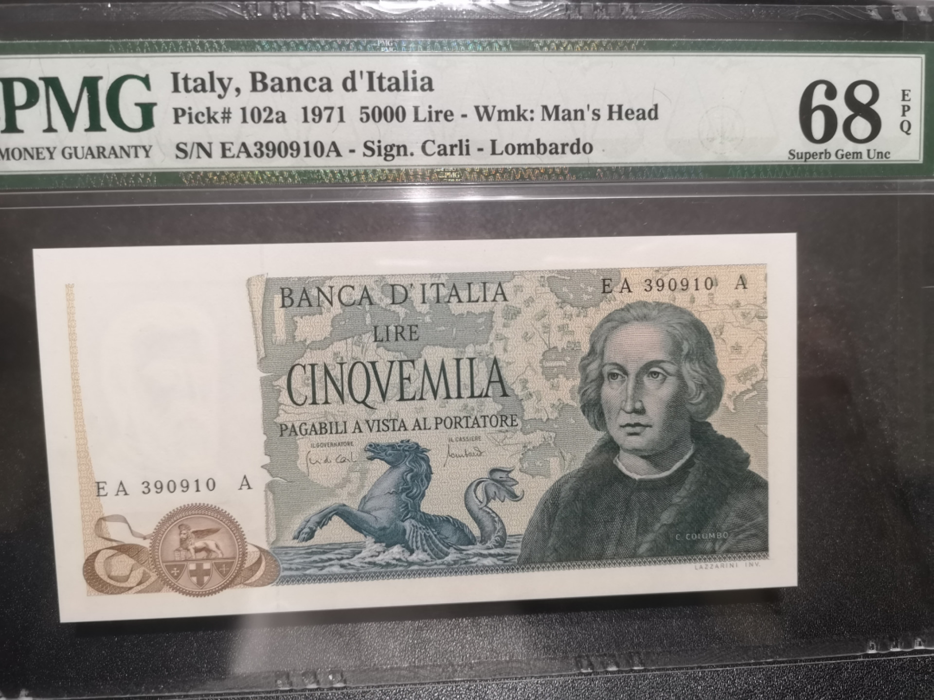《外钞收藏家》第一百三十七期拍卖（本期68件） 1971年意大利5000 PMG68 超高分