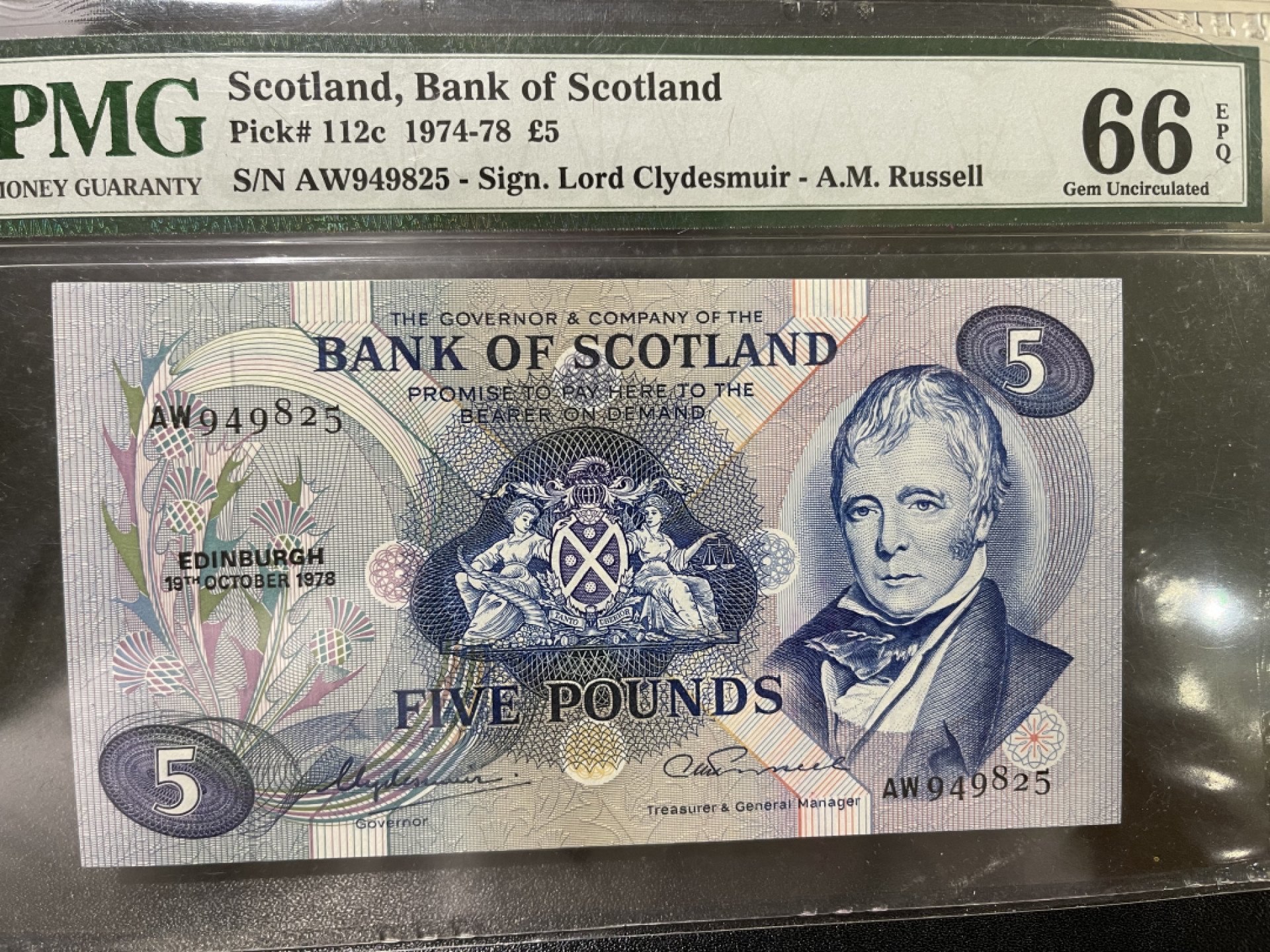 《外钞收藏家》第一百三十七期拍卖（本期68件） 1978年苏格兰5镑 PMG66