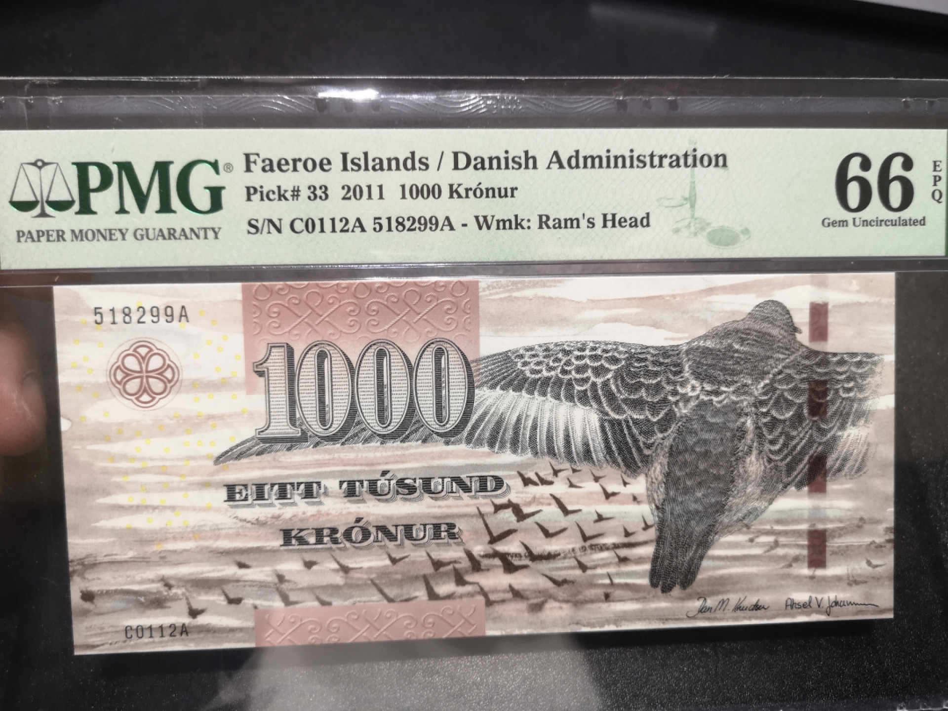 《外钞收藏家》第一百三十七期拍卖（本期68件） 2011年法罗群岛1000克朗 PMG66