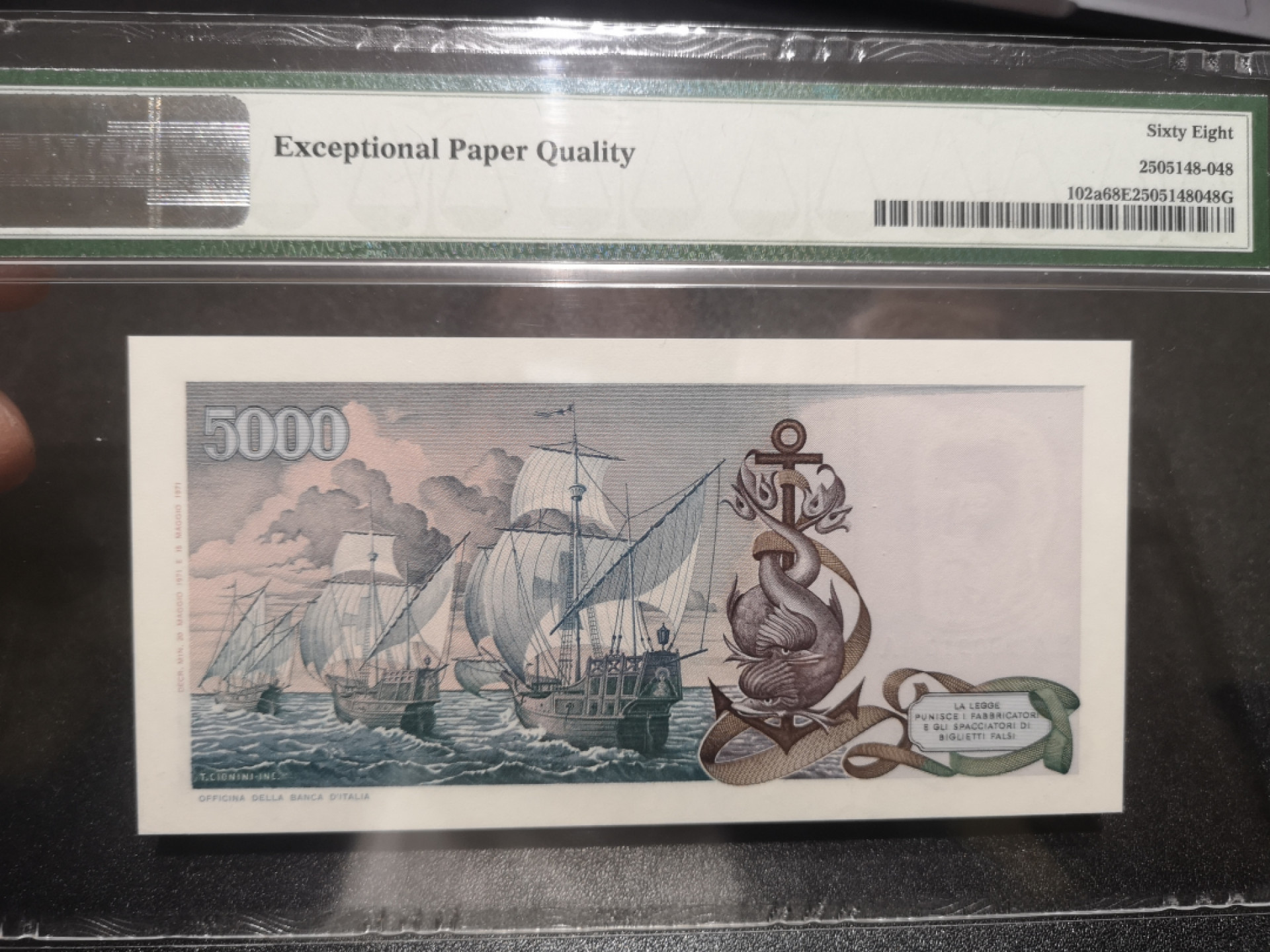 《外钞收藏家》第一百三十七期拍卖（本期68件） 1971年意大利5000 PMG68 超高分