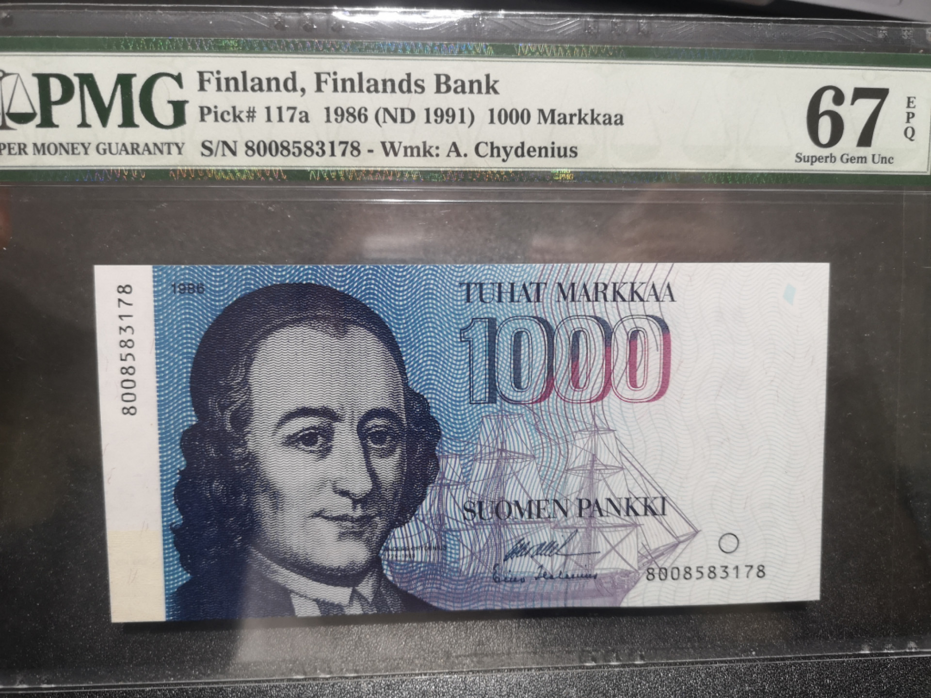 《外钞收藏家》第一百三十七期拍卖（本期68件） 1986年芬兰1000马克 PMG67 初版高分好号