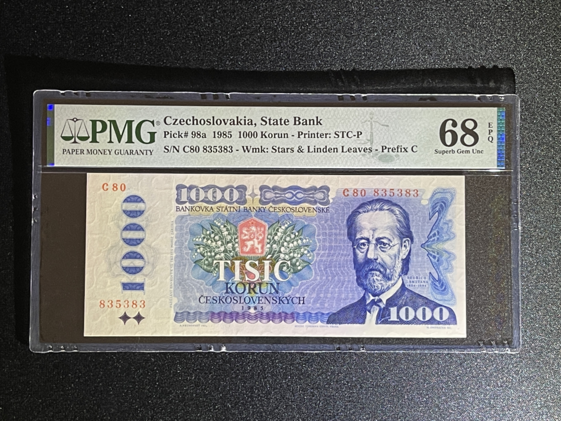 《张总收藏》39期—欧洲精品 捷克斯洛伐克1000克朗 PMG68E 1985年 无47高分