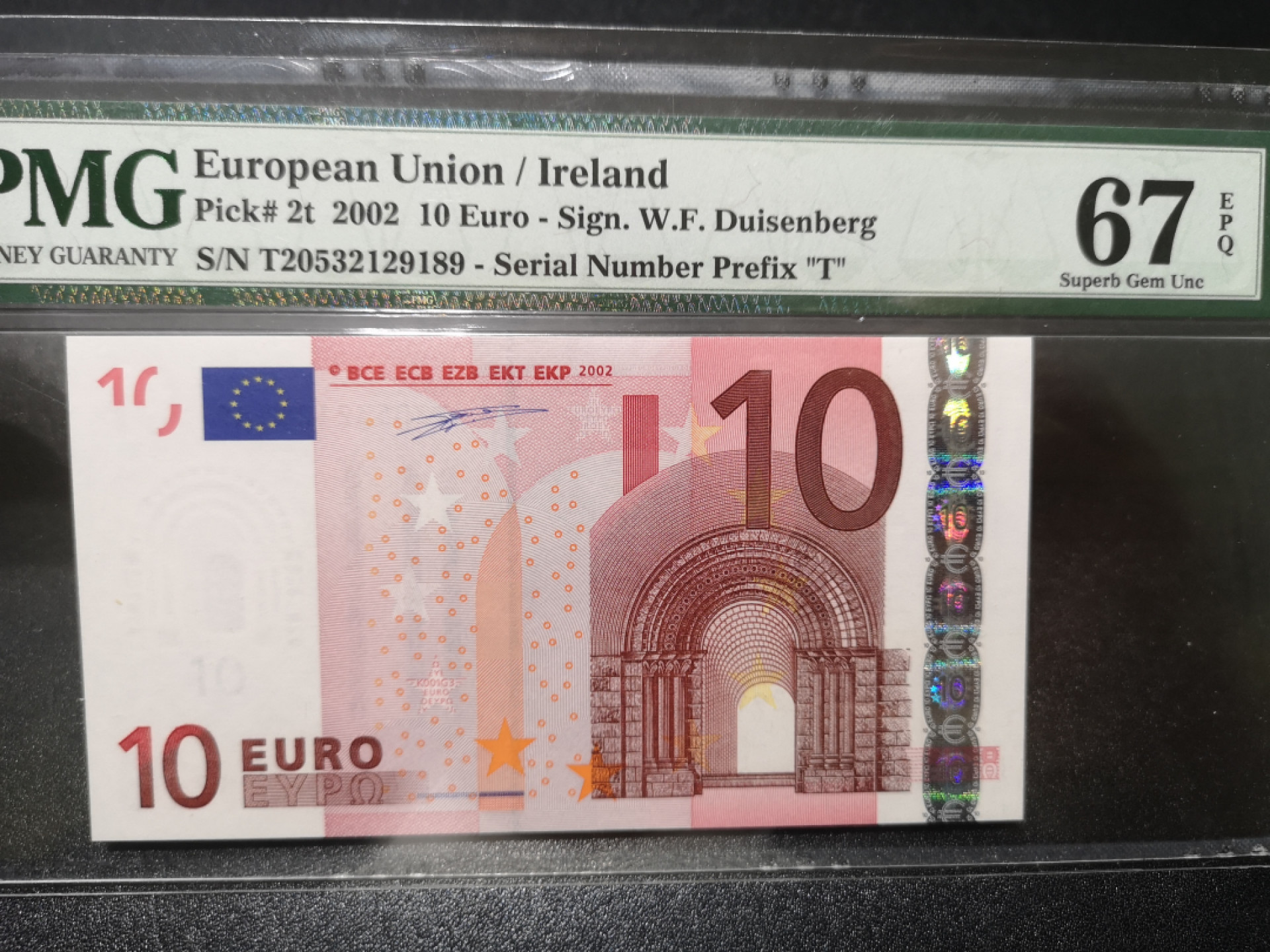 《外钞收藏家》第一百三十八期拍卖（本期91件） 一签10欧元 爱尔兰版 PMG67 无47 尾189