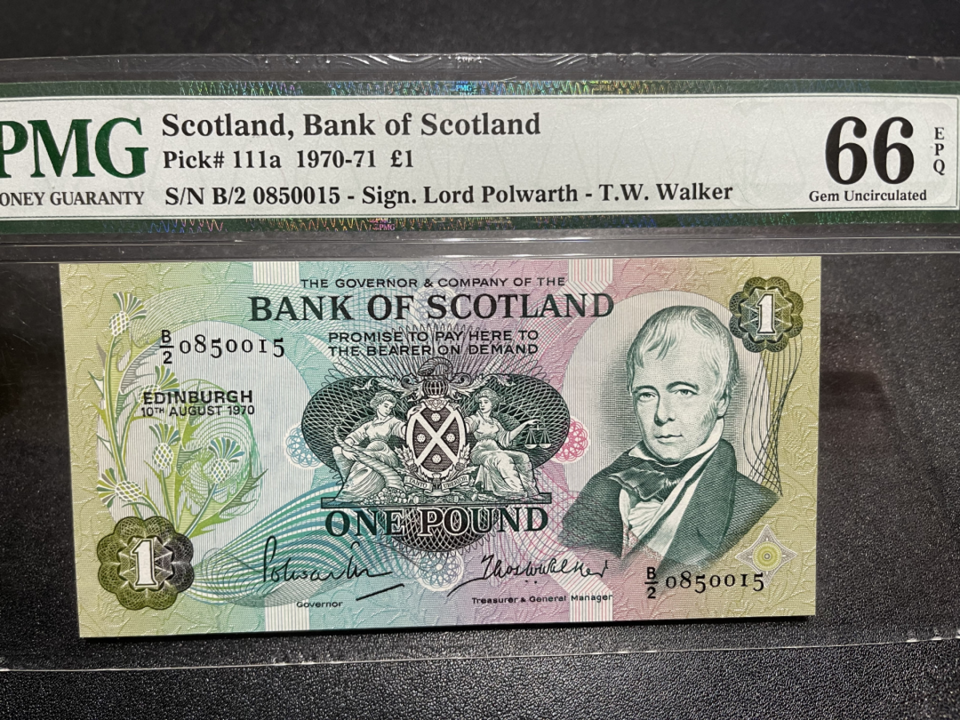 《外钞收藏家》第一百三十八期拍卖（本期91件） 1970-71年苏格兰1镑 PMG66 无47靓号