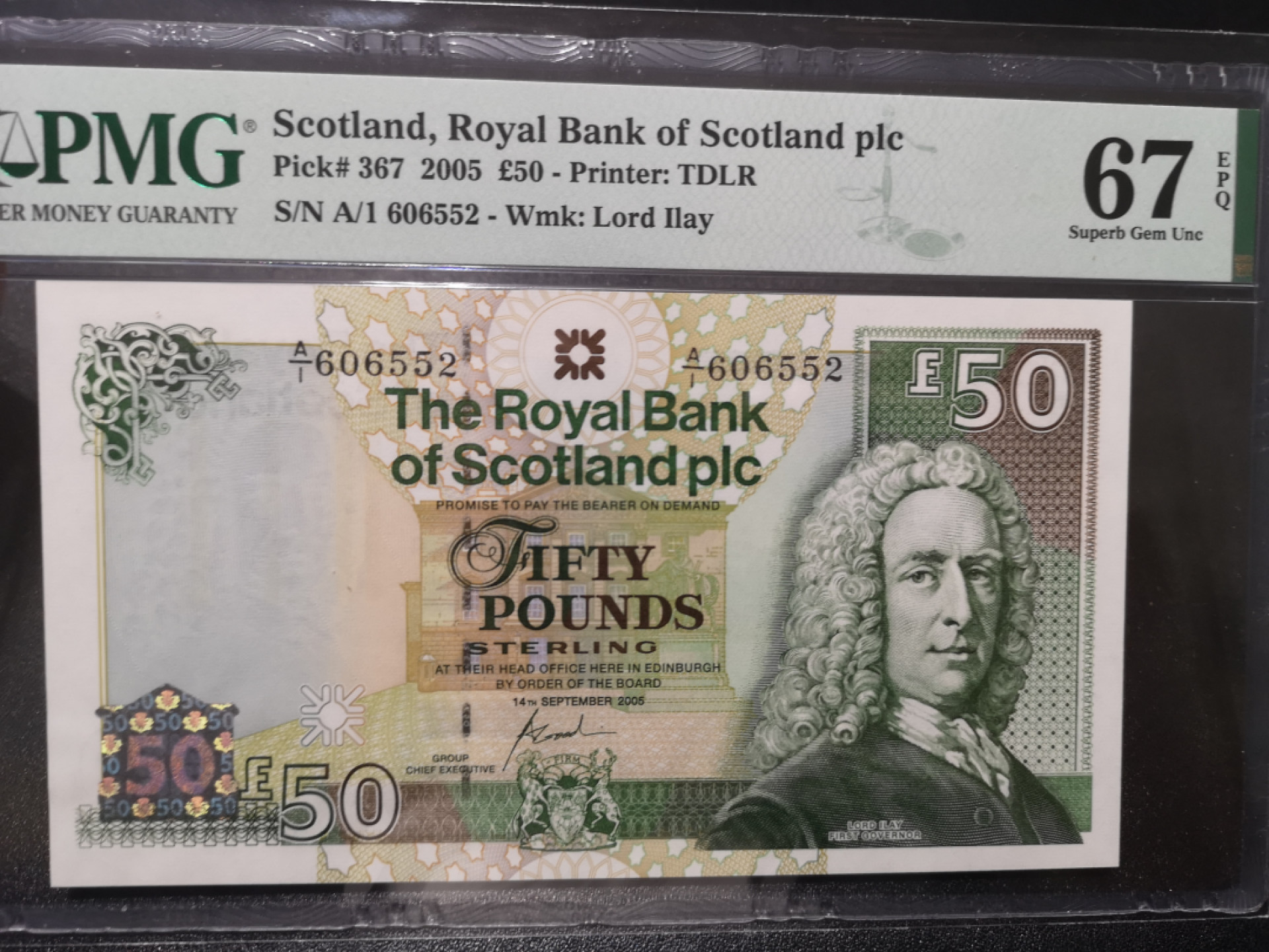 《外钞收藏家》第一百三十八期拍卖（本期91件） 2005年苏格兰50镑 PMG67 无47 A/1冠