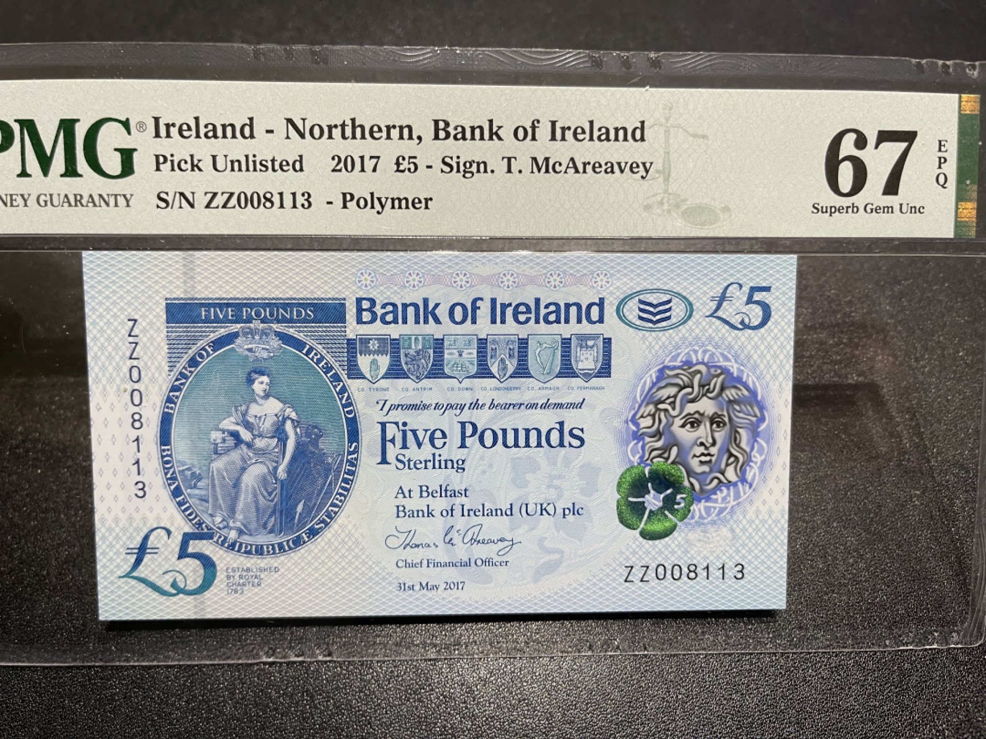 《外钞收藏家》第一百三十八期拍卖（本期91件） 2017年北爱尔兰5镑 千位号  PMG67 