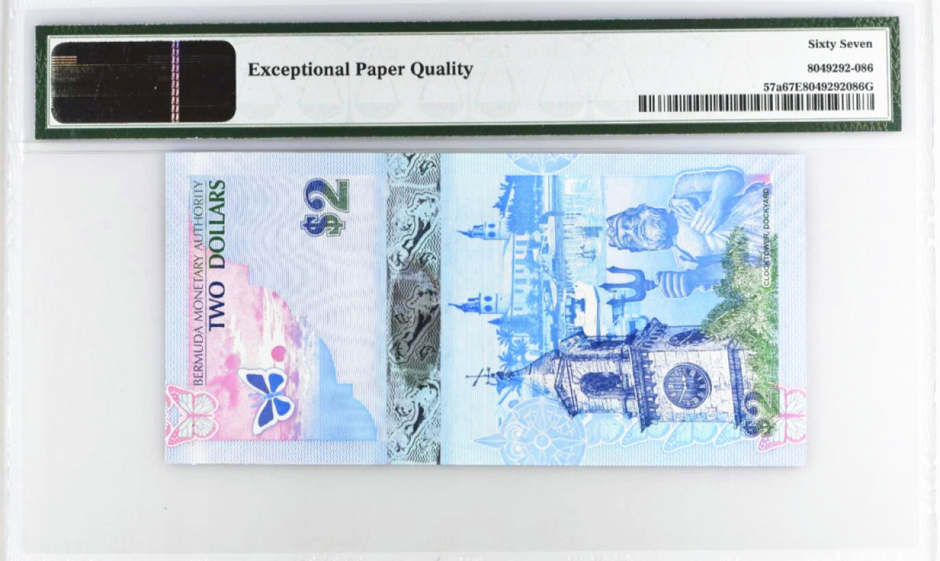 【华誉王者】1812期拍卖 PMG67分 A1 000978 2009年百慕大2美元蓝鸟钞 IBNS2009年获奖钞