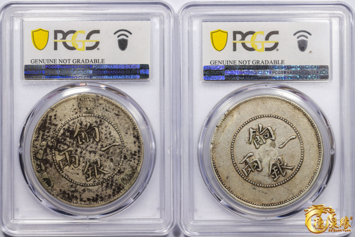 海南德泉缘2021秋季钱币拍卖会 1910年新疆饷银一两银币一组两枚 PCGS VF Detail 编号：87257622 、87257623版别： LM-813 Y-7.1背回文