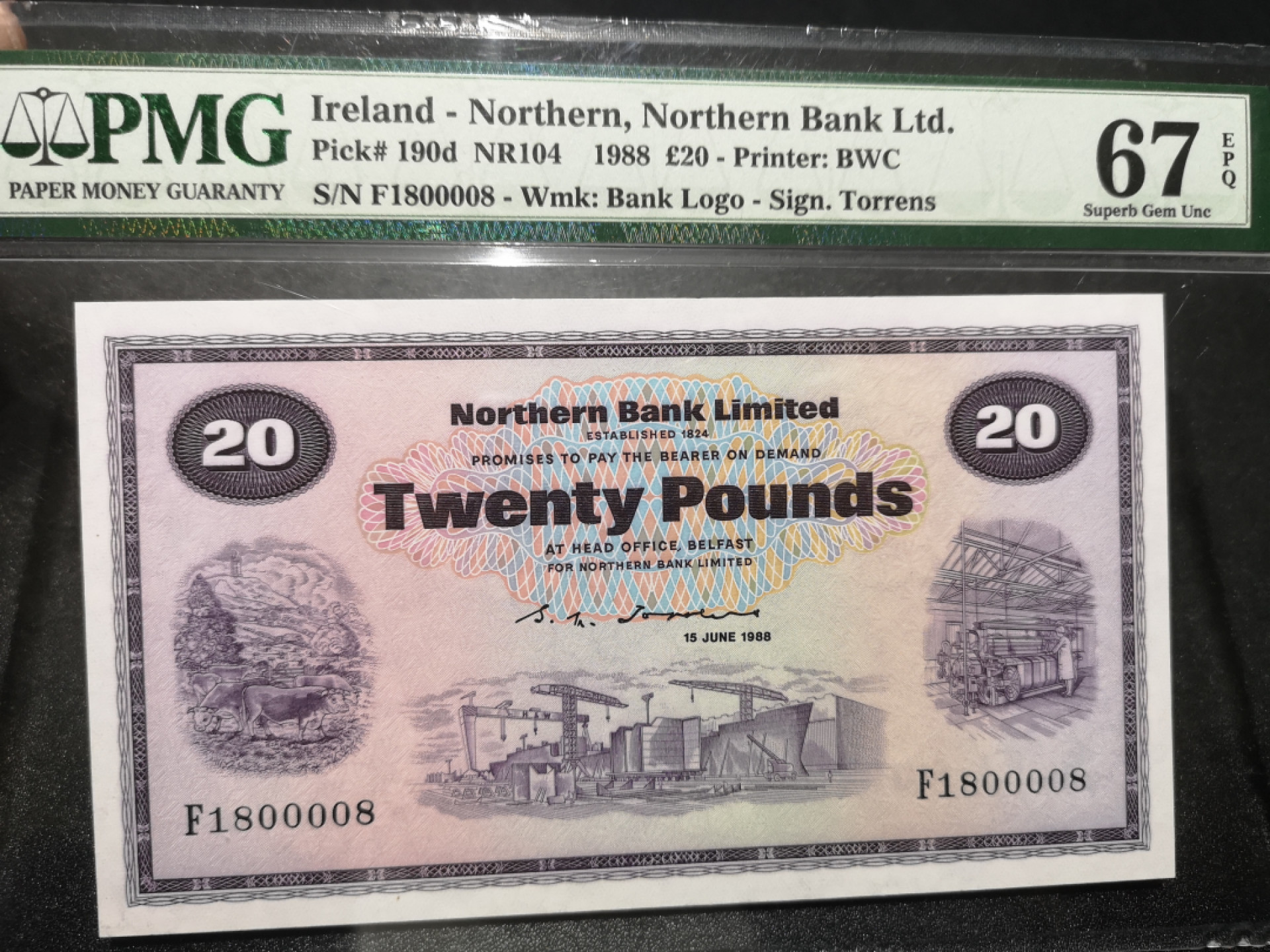 《外钞收藏家》第一百三十八期拍卖（本期91件） 1988年北爱尔兰 20镑 PMG67 BWC作品 超级靓号