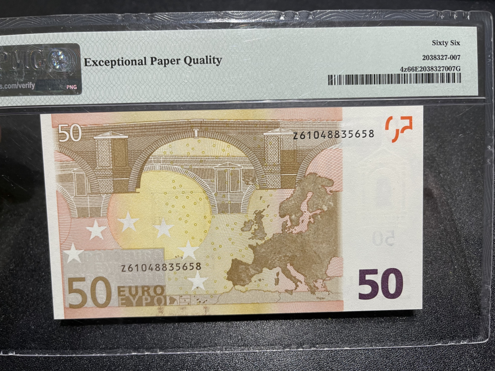 《外钞收藏家》第一百三十八期拍卖（本期91件） 一签50欧元 比利时版 PMG66 尾8