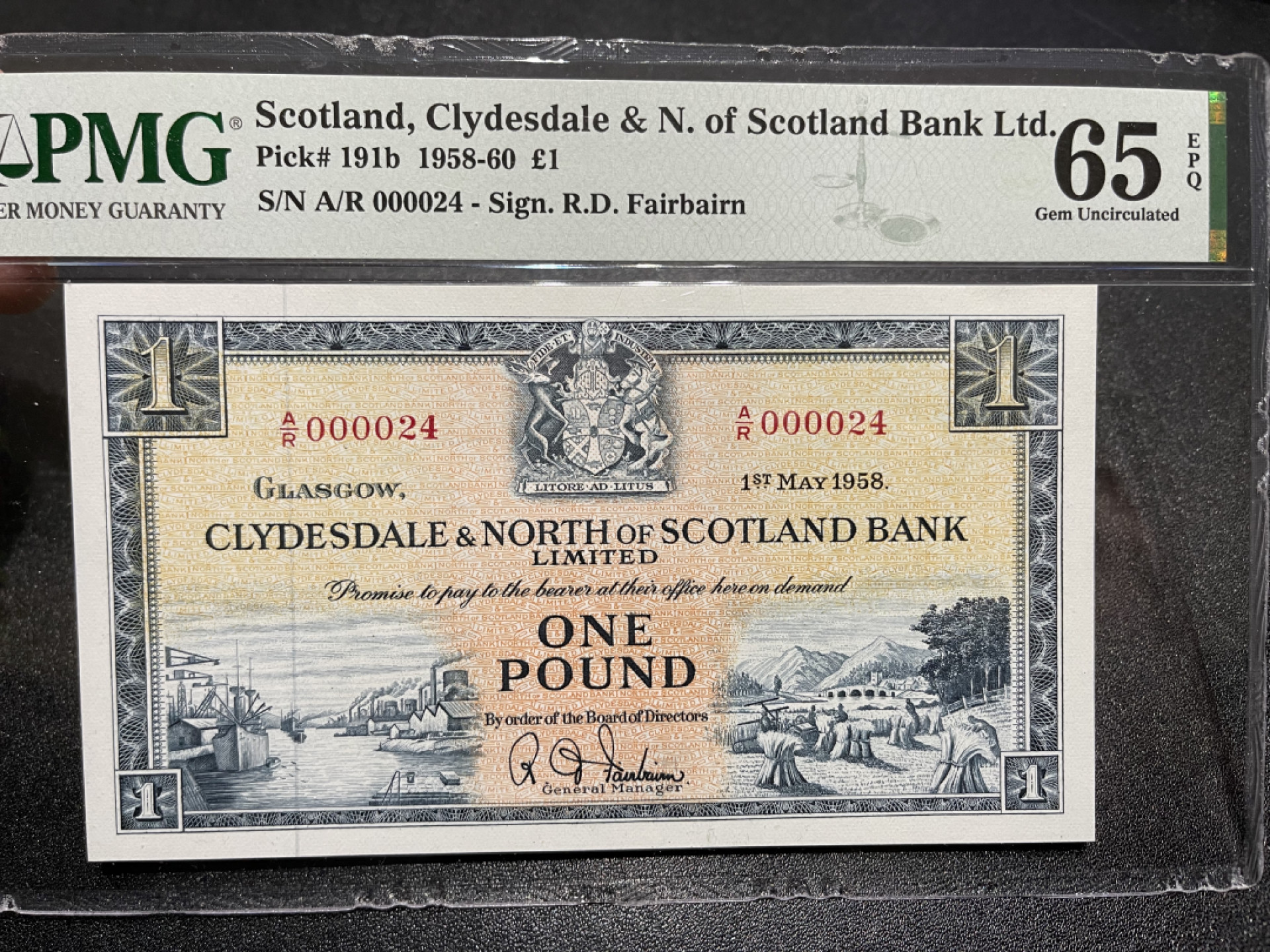 《外钞收藏家》第一百三十八期拍卖（本期91件） 1958-60年苏格兰克莱斯戴尔银行 1镑  PMG65 超小号24号