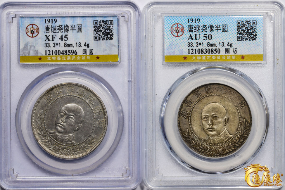 海南德泉缘2021秋季钱币拍卖会 中华民国唐继尧正像半圆银币 一组两枚  GBCA AU50、XF45版别： 圈版、网版