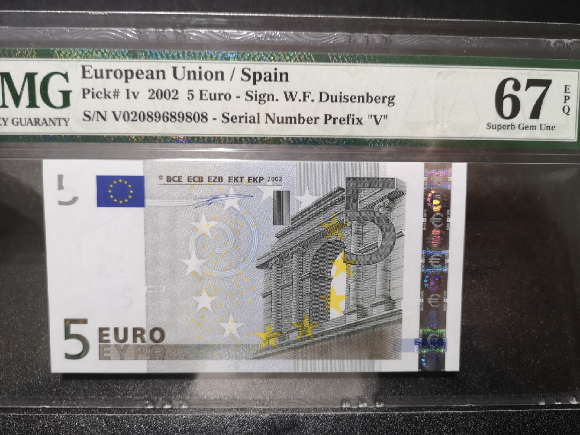 《外钞收藏家》第一百三十八期拍卖（本期91件） 一签5欧元 西班牙版 PMG67 无47尾8