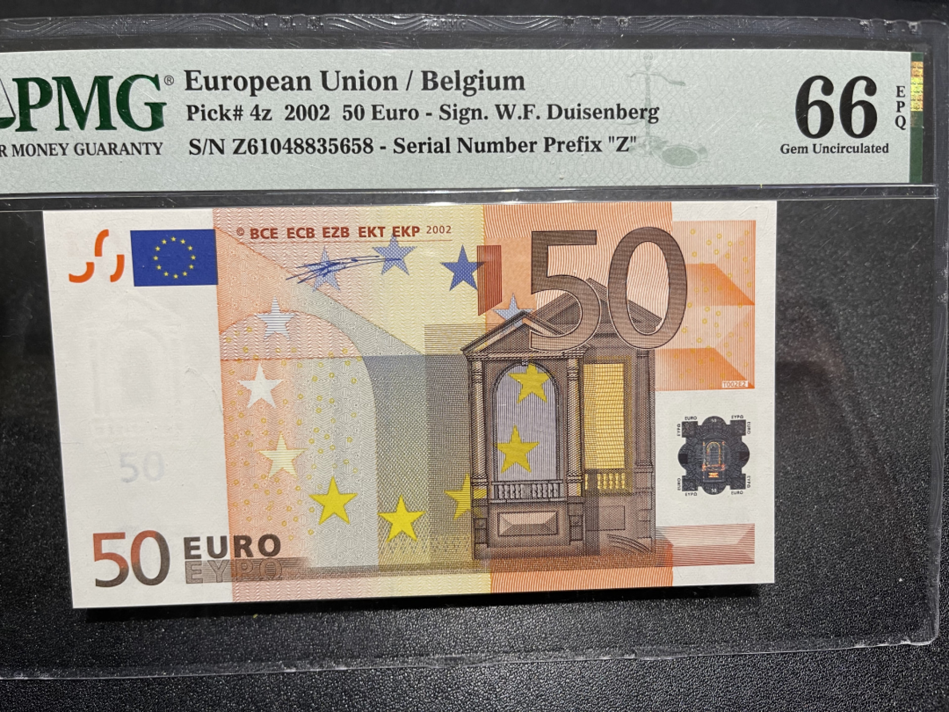 《外钞收藏家》第一百三十八期拍卖（本期91件） 一签50欧元 比利时版 PMG66 尾8