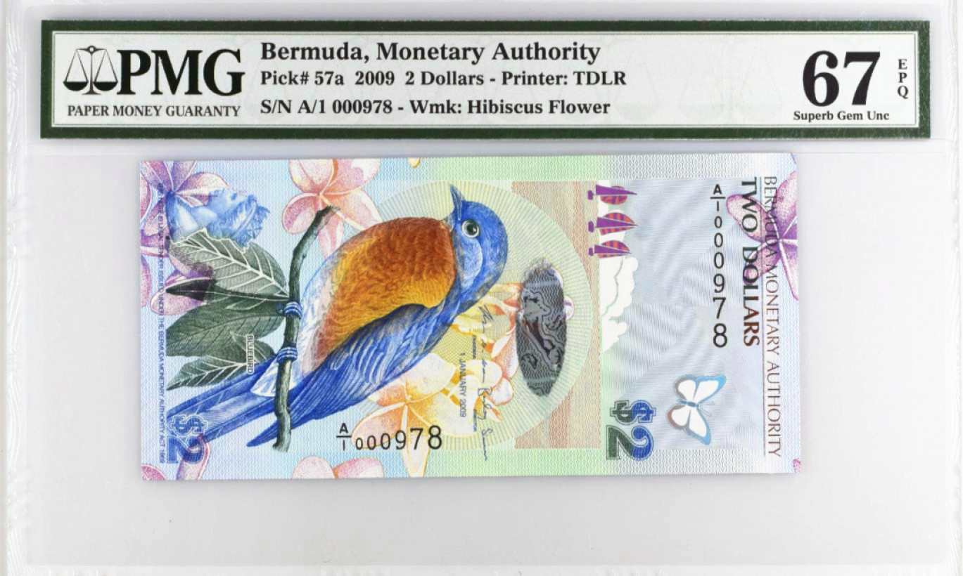 【华誉王者】1812期拍卖 PMG67分 A1 000978 2009年百慕大2美元蓝鸟钞 IBNS2009年获奖钞