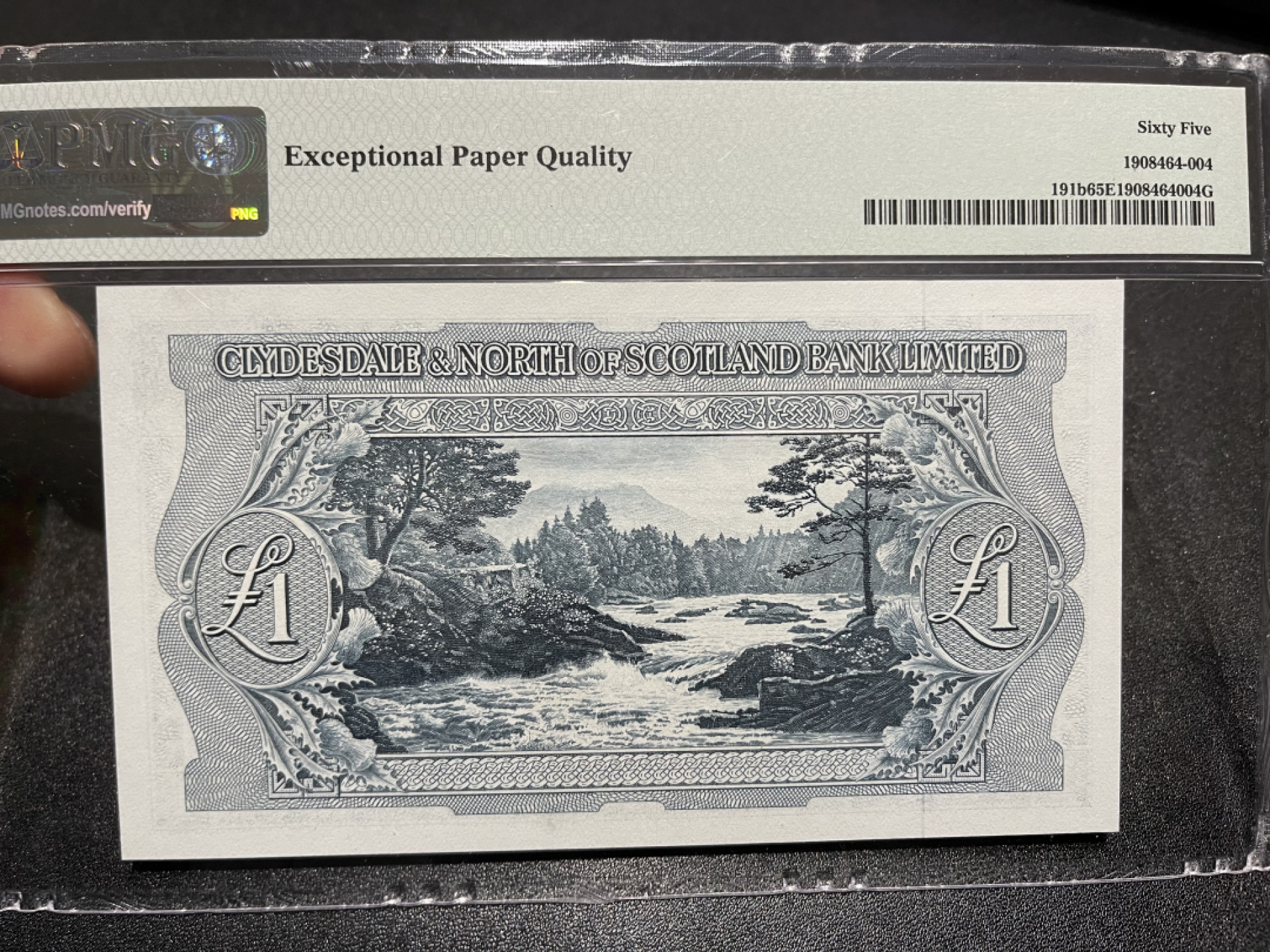 《外钞收藏家》第一百三十八期拍卖（本期91件） 1958-60年苏格兰克莱斯戴尔银行 1镑  PMG65 超小号24号