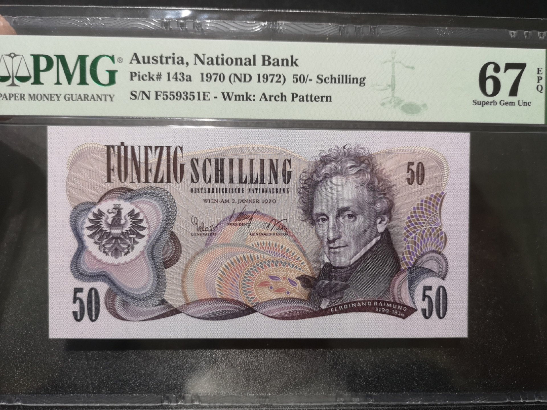 《外钞收藏家》第一百三十八期拍卖（本期91件） 1970年奥地利50先令 PMG67 无47