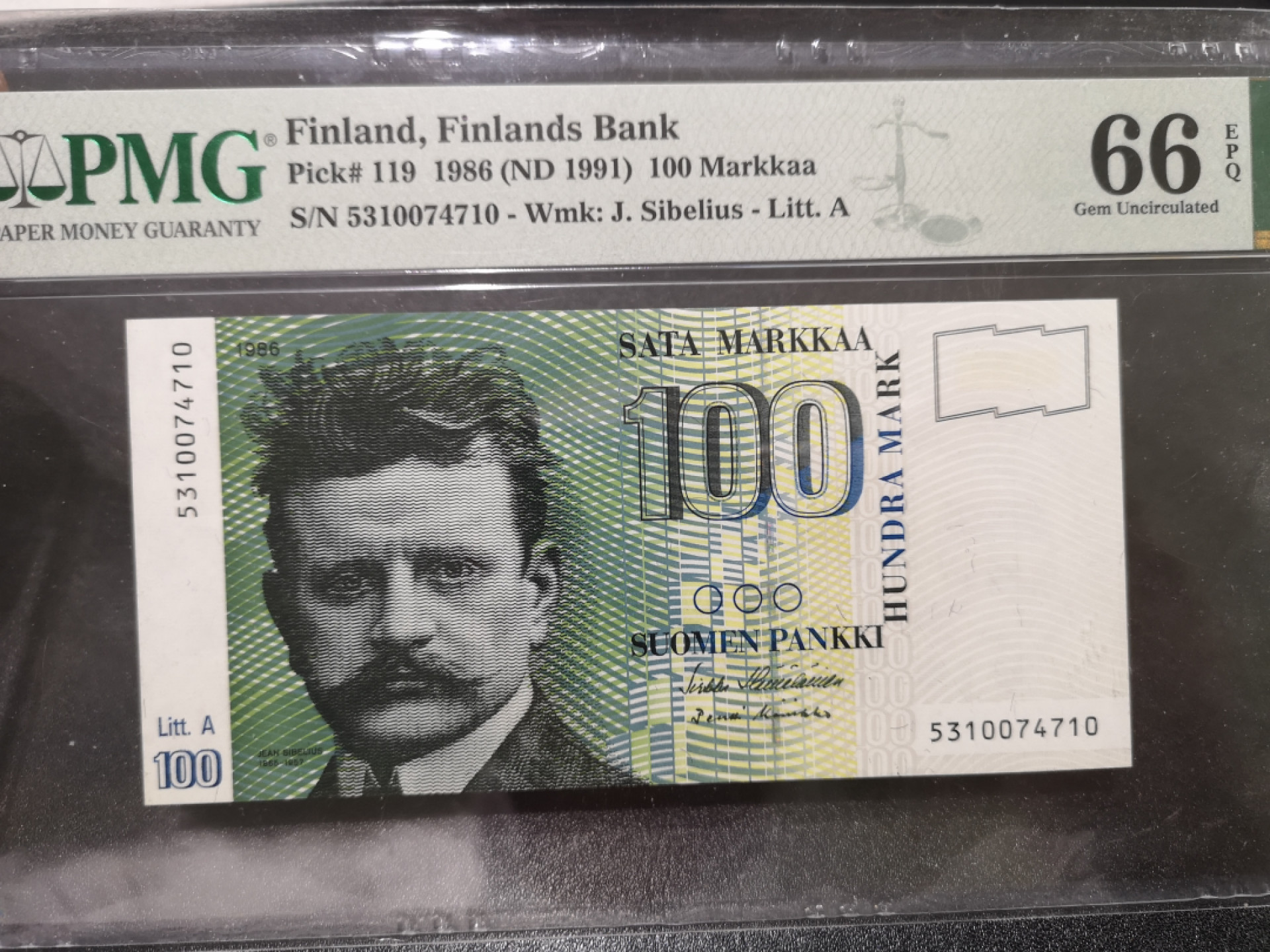 《外钞收藏家》第一百三十八期拍卖（本期91件） 1986年芬兰100克朗 PMG66