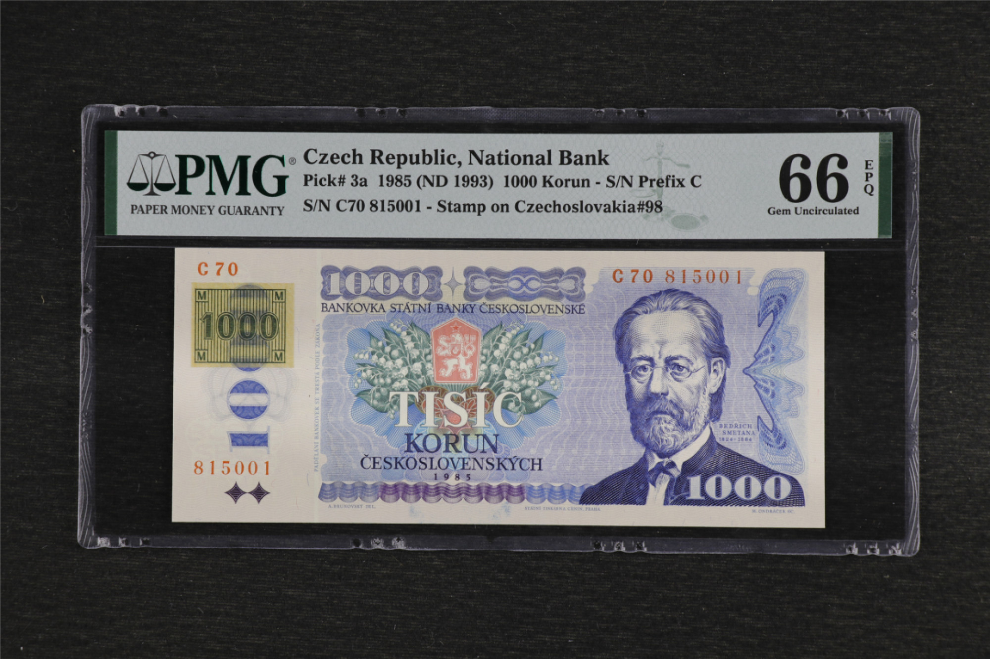 亘邦收藏 第91期（共55项） 1985年 捷克贴捷克邮票 1000克朗 PMG 66EPQ 815001