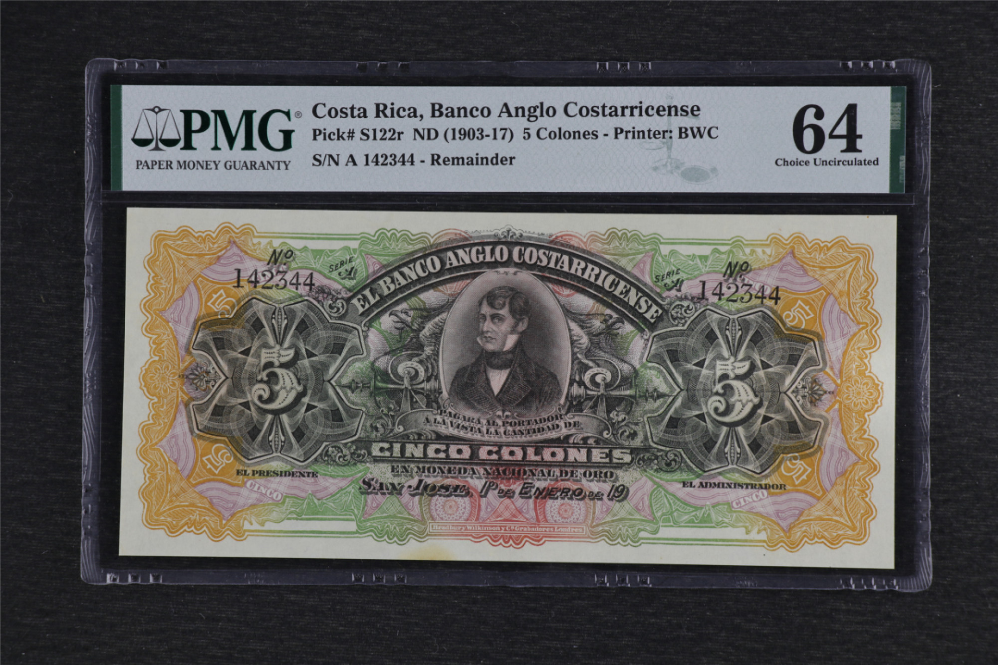 亘邦收藏 第91期（共55项） 1917年 哥斯达黎加 5克伦 PMG 64    142344