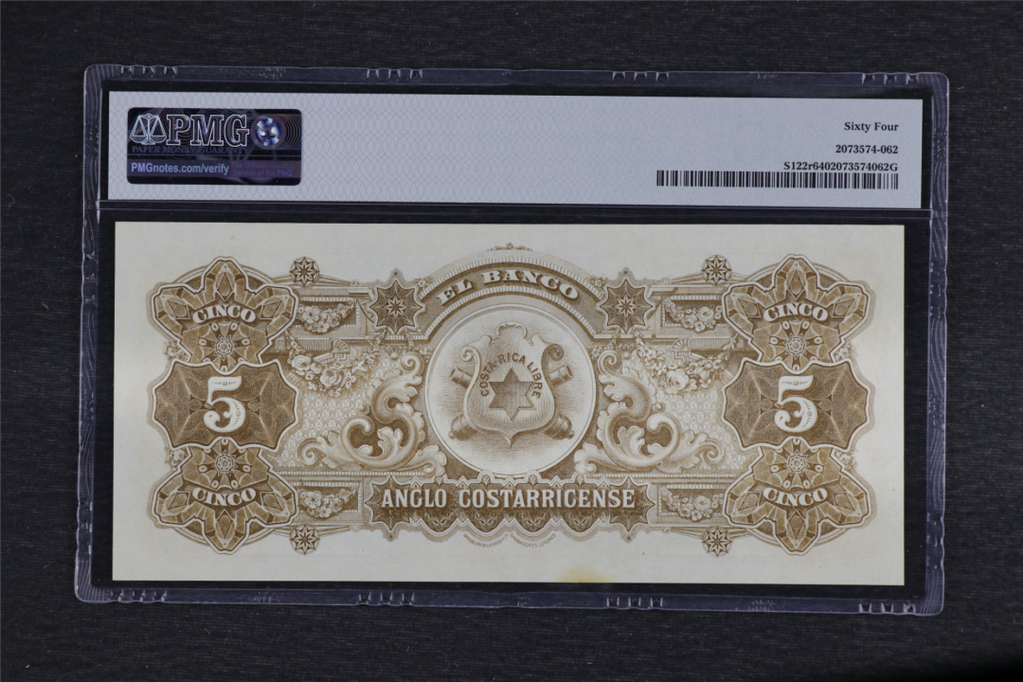 亘邦收藏 第91期（共55项） 1917年 哥斯达黎加 5克伦 PMG 64    142344