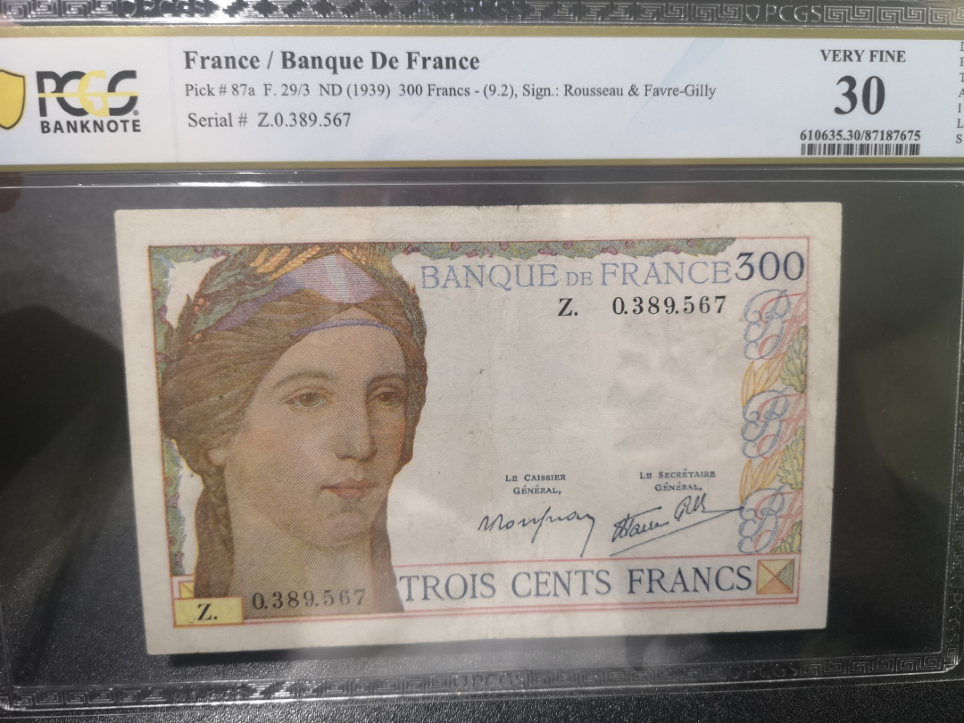 《外钞收藏家》第一百三十八期拍卖（本期91件） 1939年法国300法郎 PCGS30分