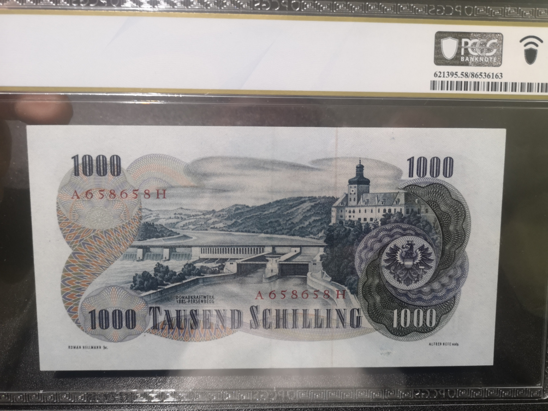 《外钞收藏家》第一百三十八期拍卖（本期91件） 1961年奥地利1000 先令 PCGS58分 重复号