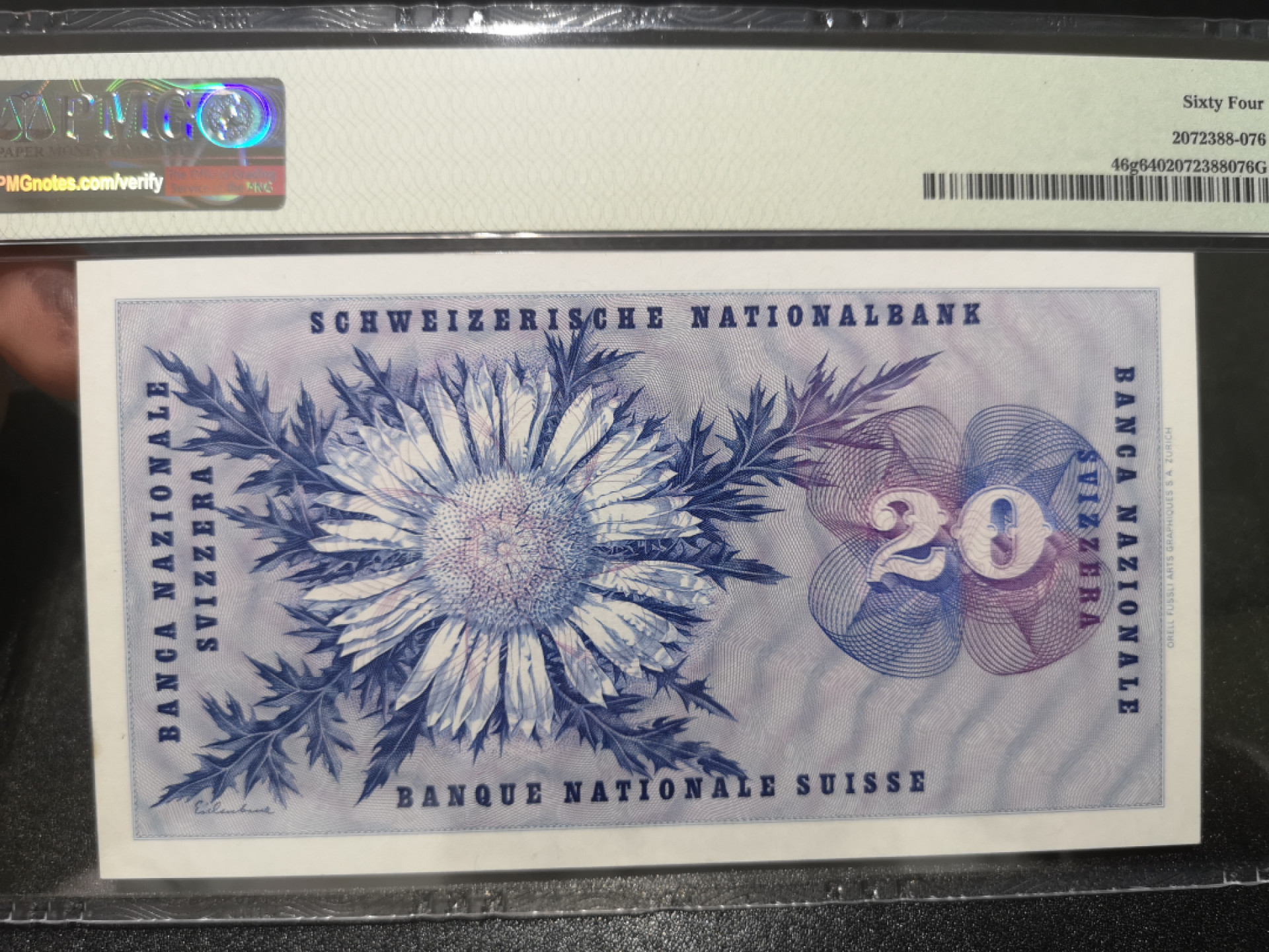 《外钞收藏家》第一百三十九期拍卖（本期84件） 1959年瑞士20法郎 PMG64