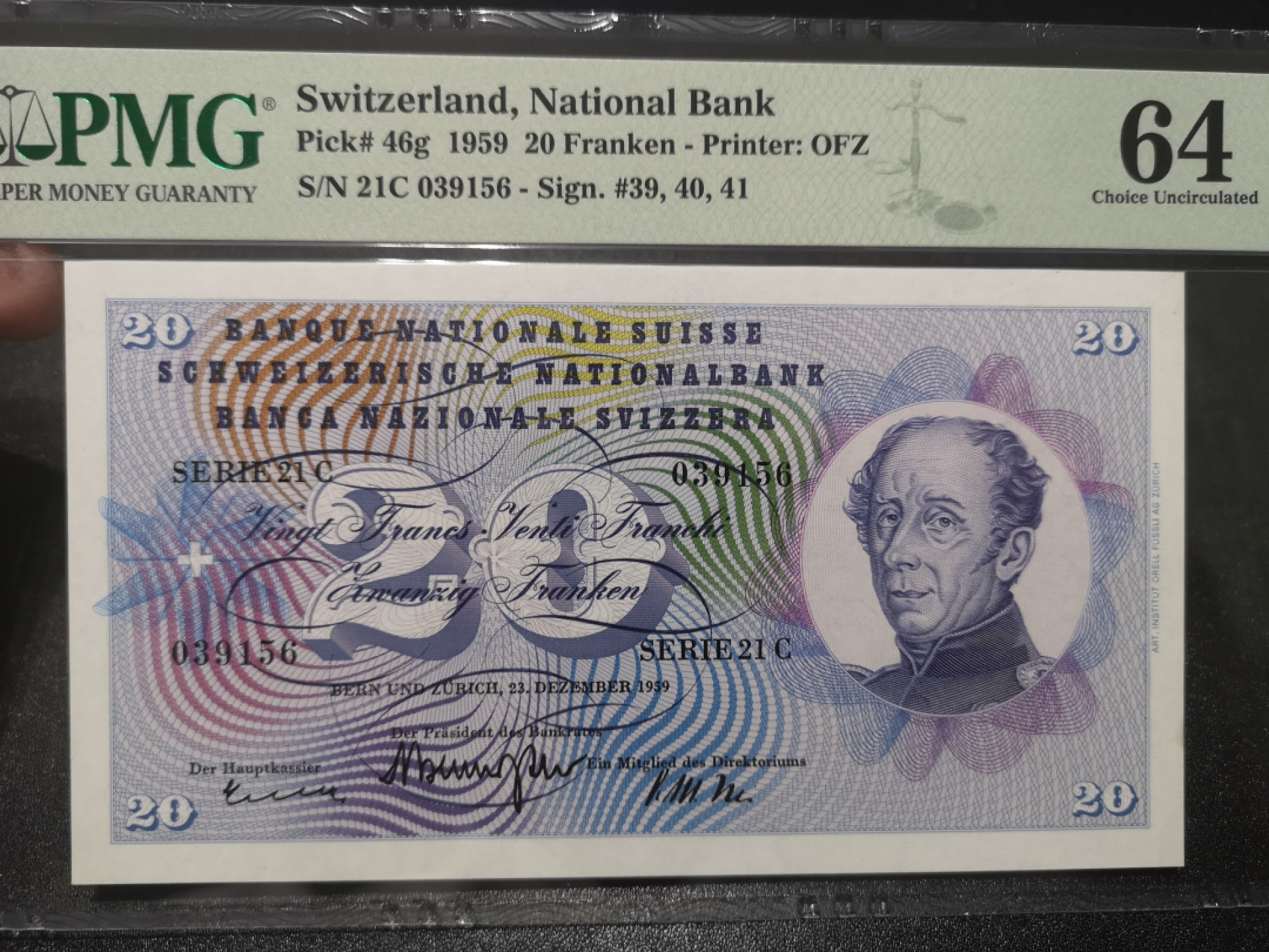 《外钞收藏家》第一百三十九期拍卖（本期84件） 1959年瑞士20法郎 PMG64