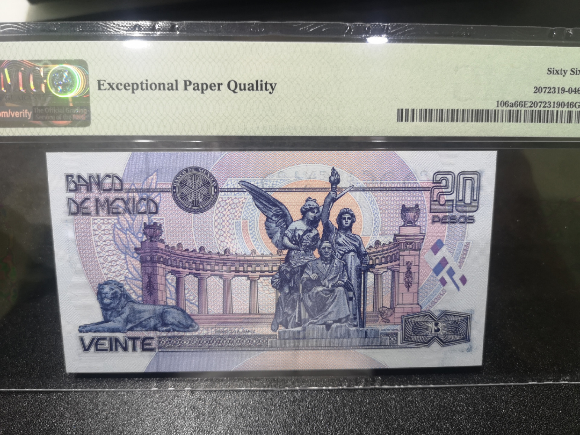 《外钞收藏家》第一百三十九期拍卖（本期84件） 1994年墨西哥20比索 PMG66 A冠 千位号
