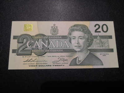 《外钞收藏家》第一百三十九期拍卖（本期84件） - 1991年加拿大鸟版20 AU品相 有疑似中折