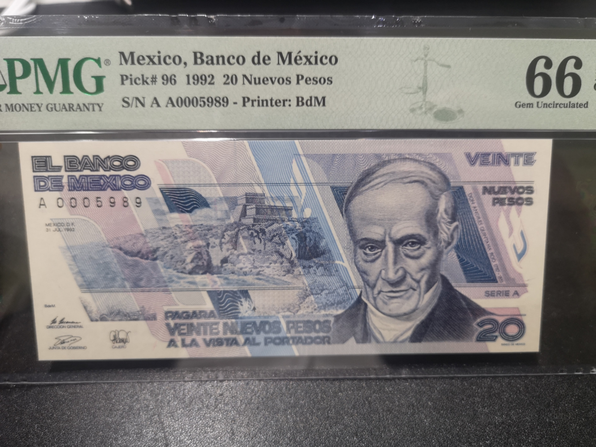 《外钞收藏家》第一百三十九期拍卖（本期84件） 1992年墨西哥20比索 PMG66 A冠 千位号5989