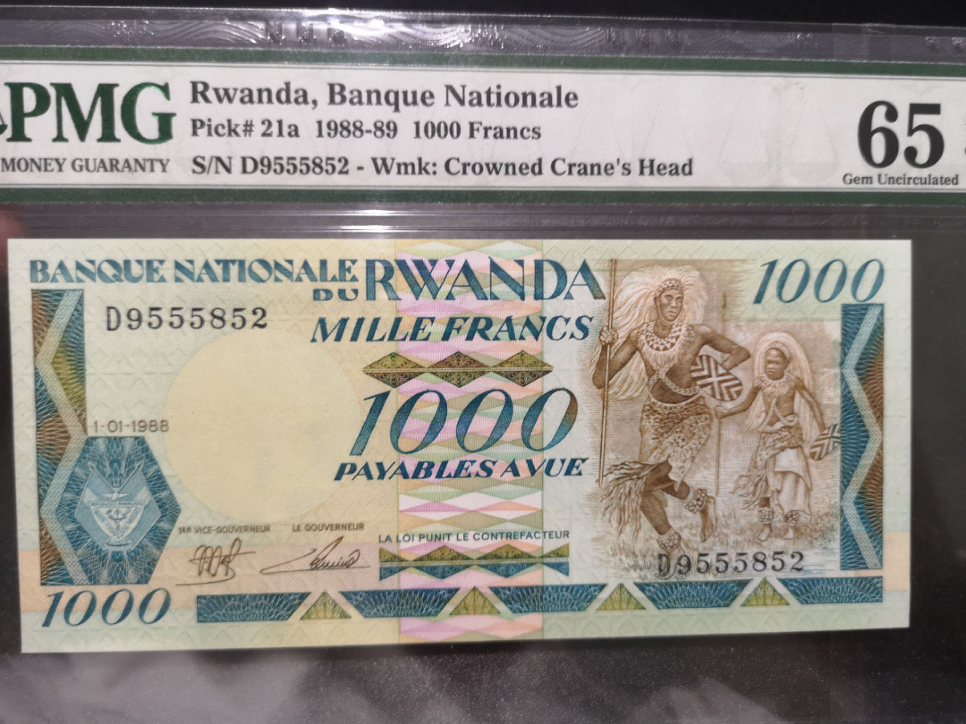 《外钞收藏家》第一百三十九期拍卖（本期84件） 1988年卢旺达1000法郎 PMG65 无47