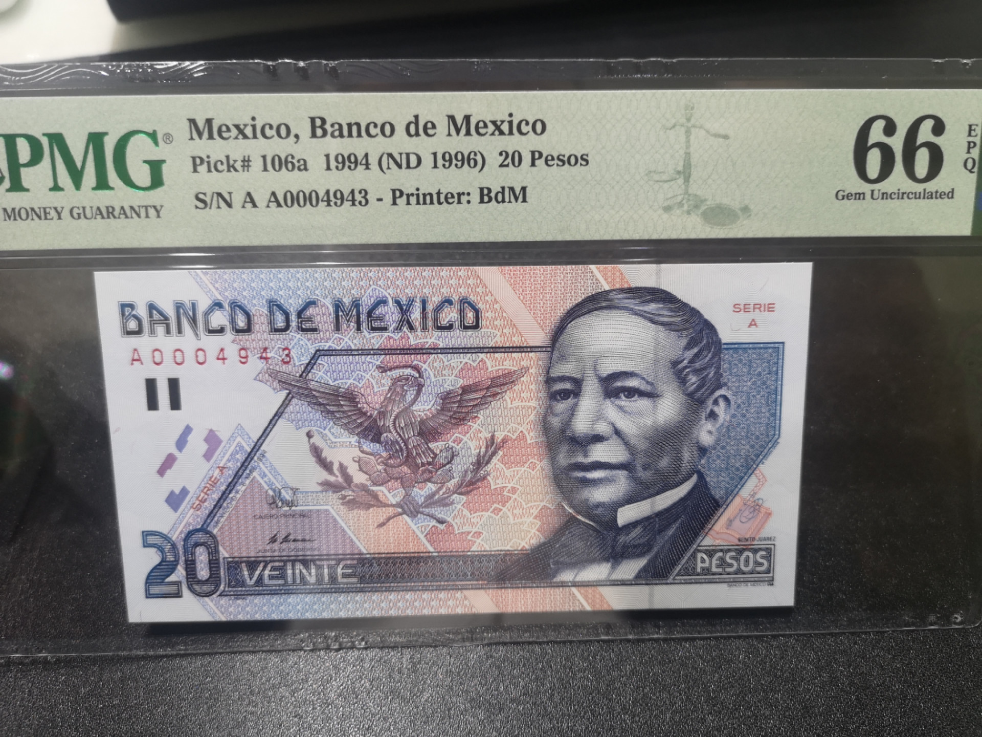 《外钞收藏家》第一百三十九期拍卖（本期84件） 1994年墨西哥20比索 PMG66 A冠 千位号