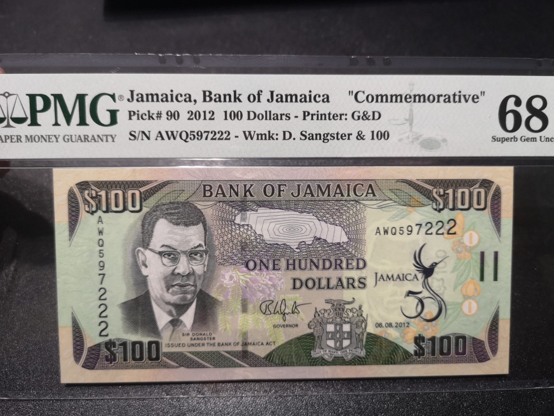 《外钞收藏家》第一百三十九期拍卖（本期84件） 2012年牙买加100刀 PMG68 纪念钞 222豹子号