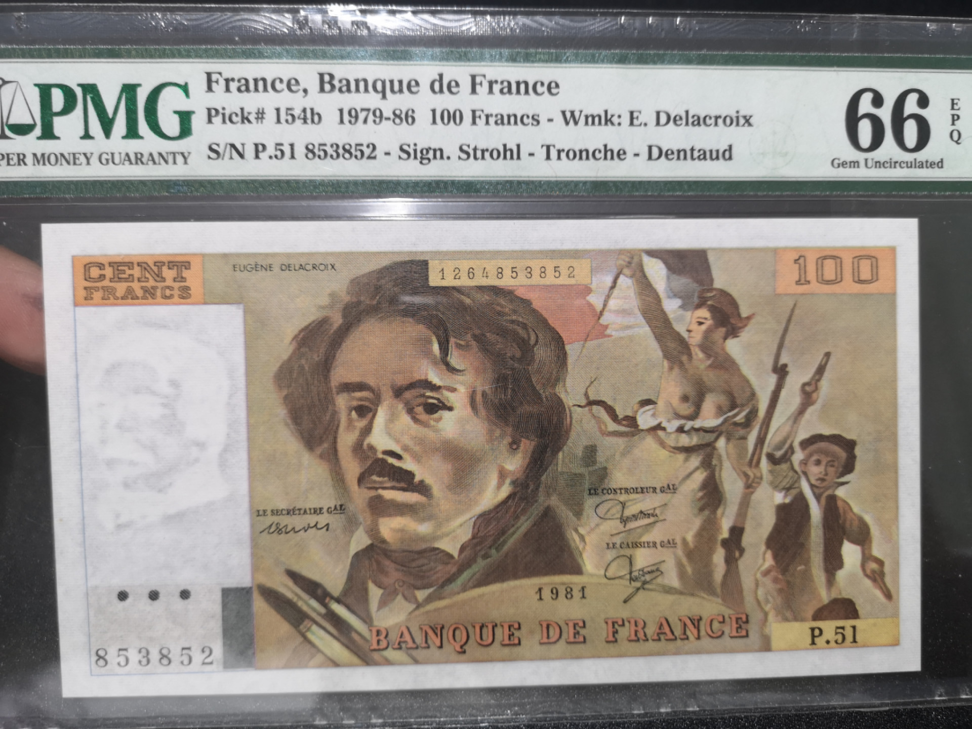 《外钞收藏家》第一百三十九期拍卖（本期84件） 1981年法国100法郎 PMG66 无47