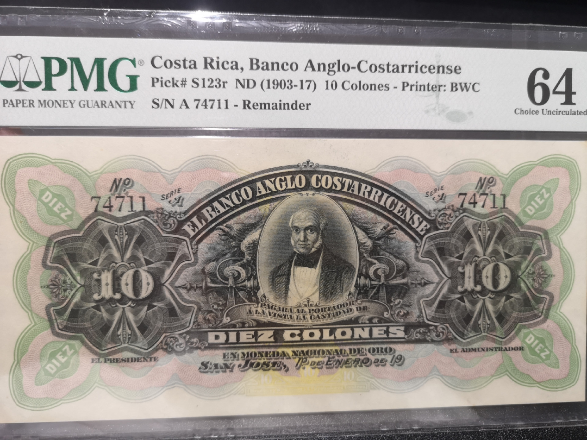 《外钞收藏家》第一百三十九期拍卖（本期84件） 1903-17年哥斯达黎加10  PMG64 BWC作品