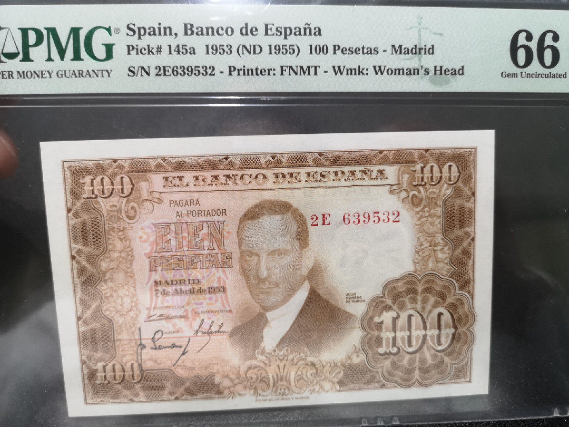 《外钞收藏家》第一百三十九期拍卖（本期84件） 1953年西班牙100比塞塔 PMG66 无47