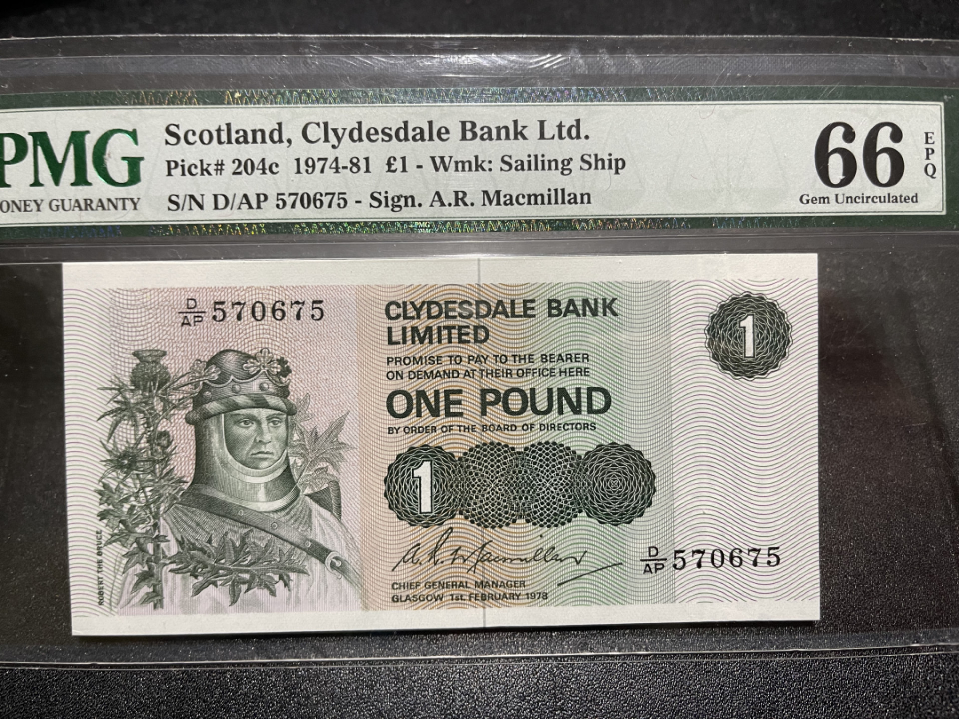《外钞收藏家》第一百三十九期拍卖（本期84件） 1978年苏格兰克莱斯戴尔银行 1镑 PMG66