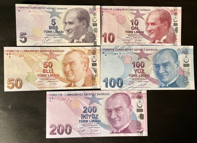小福收藏团购第53期   土耳其2009年第9版  5  10  50  100 200里拉   亚洲精美纸币