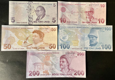 小福收藏团购第53期   土耳其2009年第9版  5  10  50  100 200里拉   亚洲精美纸币