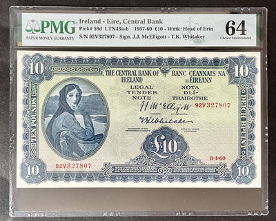 小福收藏拍卖第35期 外钞PMG评级币精选场 本期有新加坡500元船版 马来西亚89年500林吉特 巴林73年20第纳尔首版 爱尔兰1957年10镑 阿曼77年20里亚尔首发A冠 哈萨克斯坦雪豹 以及多国高分少见纸币 - 爱尔兰 1957-60年 10镑 PMG64