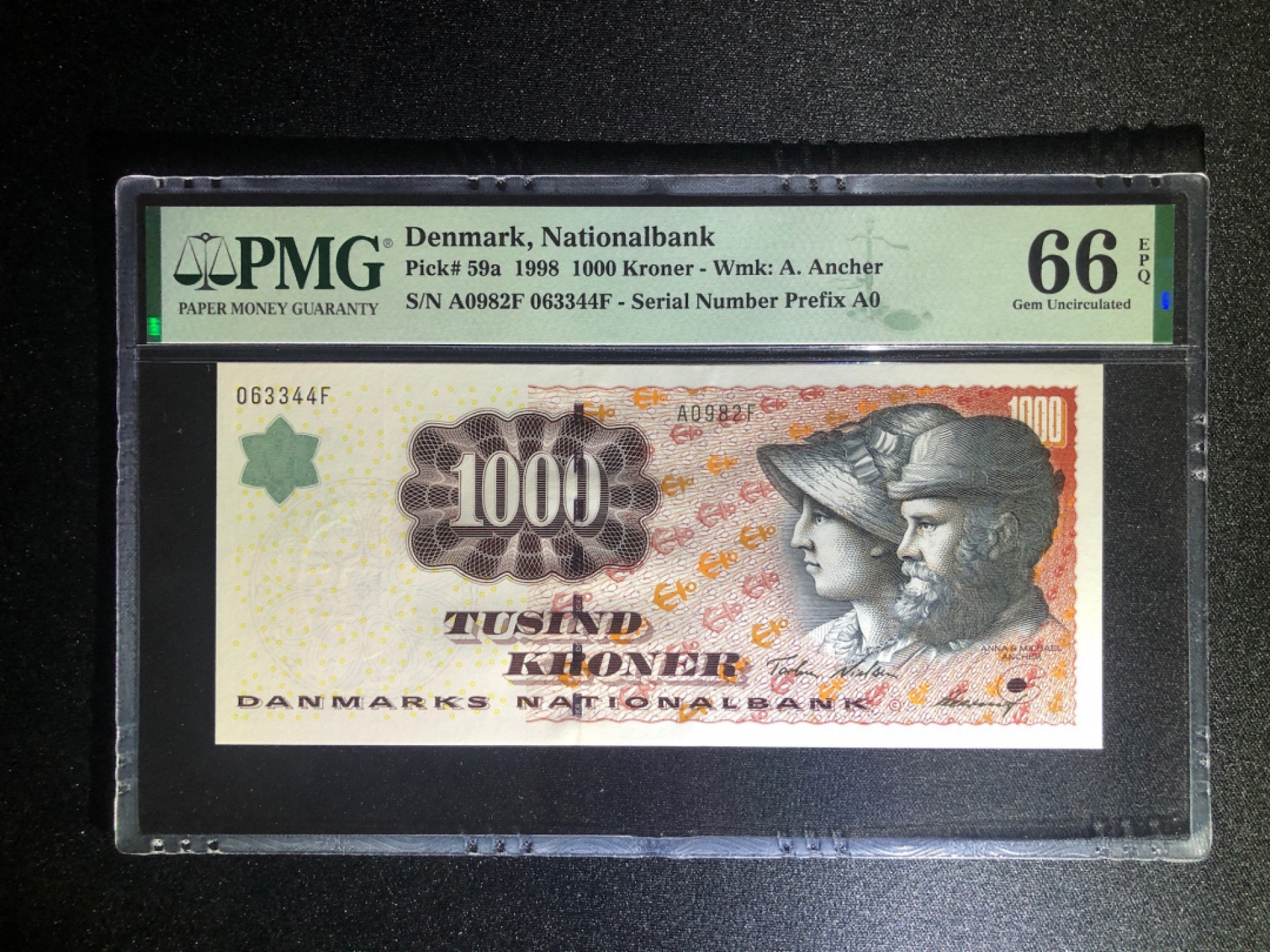 《张总收藏》40期—世界美钞 丹麦1000克朗 PMG66E 浮雕初版A0冠号 P-59a 1998年