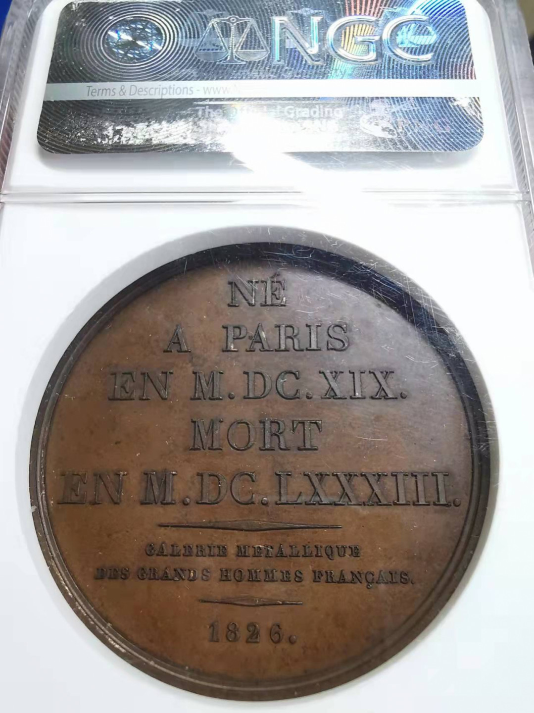 凡希社世界钱币微拍第一百七十五期 荐！1826法国柯尔培尔纪念铜章NGC-MS63高浮雕！