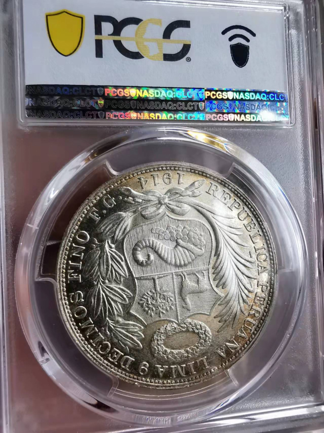 凡希社世界钱币微拍第一百七十五期 1914秘鲁SOL坐人大银PCGS-MS64五彩！